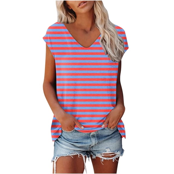 TKLPEHG Tops for Women Trendy Loose Casual Summer Round Neck Tshirts Short Sleeve T Shirts Lightweight Striped Print Graphic Tee Going Out Tops Blouse(Red,S)