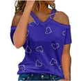 thumbnail image 1 of TKLPEHG Tops for Women Trendy Loose V Neck Cold Shouler Tops Short Sleeve T Shirts Lightweight Summer Heart Print Graphic Tee Casual Going Out Tops Blouse(Blue,S), 1 of 5