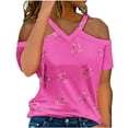 thumbnail image 1 of TKLPEHG Tops for Women Trendy Loose V Neck Cold Shouler Tops Short Sleeve T Shirts Lightweight Summer Heart Print Graphic Tee Casual Going Out Tops Blouse(Pink,L), 1 of 5