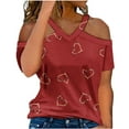 thumbnail image 1 of TKLPEHG Tops for Women Trendy Loose V Neck Cold Shouler Tops Short Sleeve T Shirts Lightweight Summer Heart Print Graphic Tee Casual Going Out Tops Blouse(Red,XXL), 1 of 5