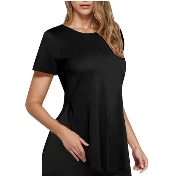 TKLPEHG Tops For Women Trendy Short Sleeve T Shirts Crew Neck Irregular Side Slit Tops Loose Solid Color Graphic Tee Summer Fashion Casual Comfy Blouses (Black,XXL)