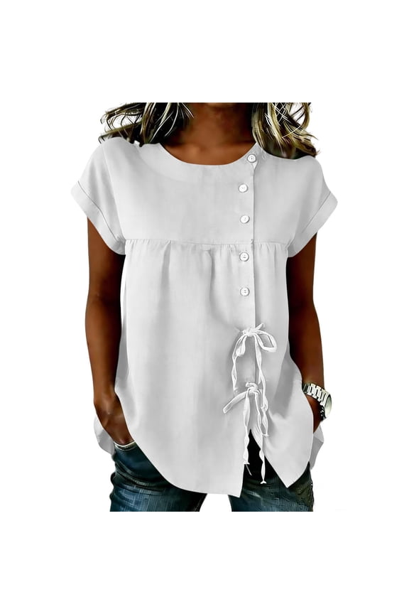Tops for Women Dressy Casual Cotton Linen Short Sleeve Tops Round Neck Button Shirts with Drawstring Waist Loose White,L
