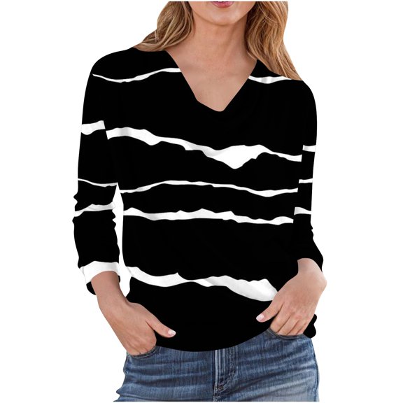TKLPEHG Tops for Women Dressy Casual Long Sleeve Pleated Collar Tunic Shirts Striped Print Graphic Tee Fashion Fall Clothes (Black,S)
