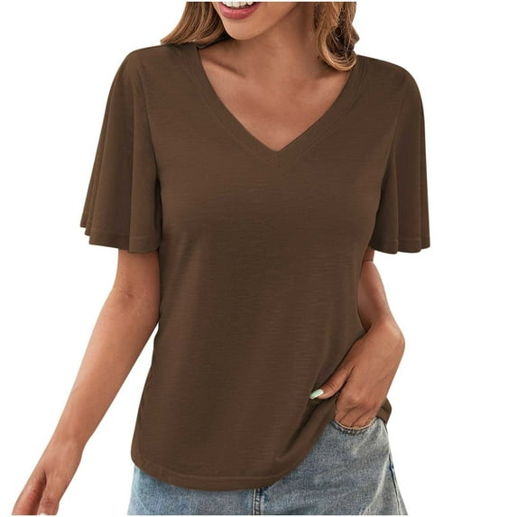 TKLPEHG Tops for Women Trendy Casual Short Sleeve T Shirts Summer Solid Color Loose V Neck Tshirt Lightweight Going Out Tops Blouse(Coffee,XL)