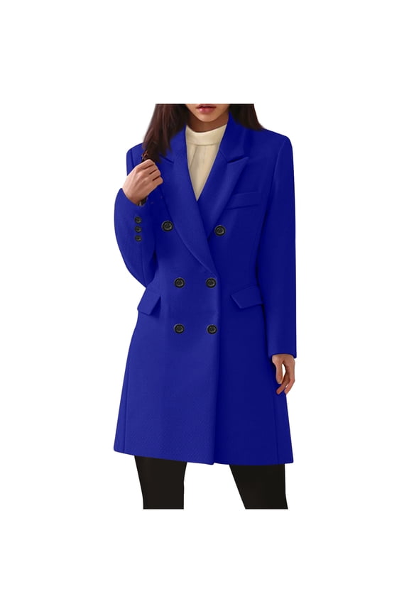 Trench Coat Women Double Breasted Woolen Trench Coat Lapel Winter Long Wool Blend Blazer Jackets (Blue,S)