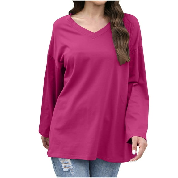 TKLPEHG Trendy Tops for Women Loose Drop Shoulder Sleeve V-Neck Tunic Shirts Fall Top Casual Workout Y2K Clothes (Hot Pink,XL)
