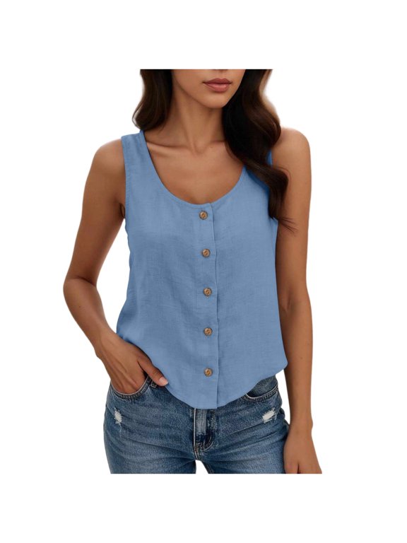 Tunic Tank Tops For Women Sleeveless Button Front Tank Top Casual Crew Neck Summer Blouse Blue,S