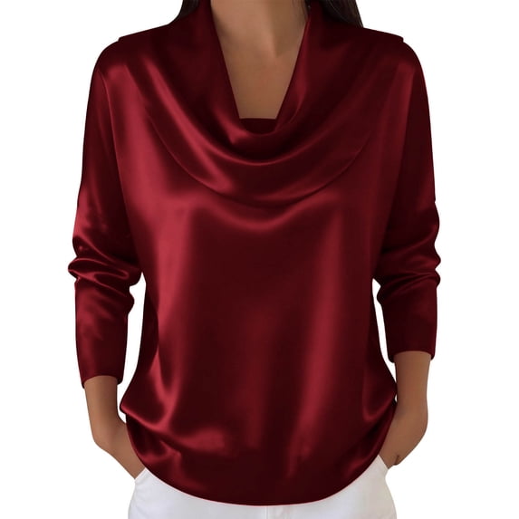 TKLPEHG Tunics Tops for Women Elegant Pleated Collar Satin Temperament Shirts Ladies Long Sleeve Tops Solid Color Lightweight Soft V-Neck Spring Blouses (Red,L)