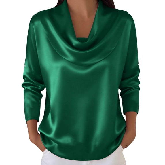 TKLPEHG Tunics Tops for Women Elegant Pleated Collar Satin Temperament Shirts Ladies Long Sleeve Tops Solid Color Lightweight Soft V-Neck Spring Blouses (Green,L)