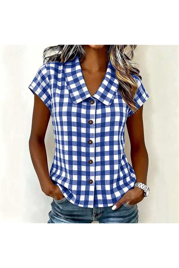Tunics Tops for Women Peter Pan Collar Plaid Short Sleeve Blouse Button Front Summer Top Casual Fitted Plaid Checkered Shirt (Blue,S)