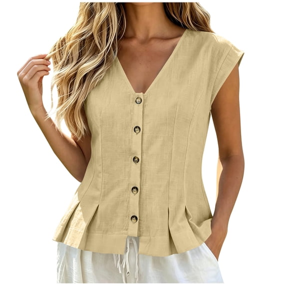 TKLPEHG Tunics Tops for Women Sleeveless V-Neck Button Down Peplum Top Fitted Waist Summer Blouse Casual Work Office Solid Vest Shirt (Khaki,L)