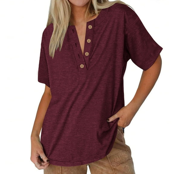 TKLPEHG V-Neck Button Pullover Tops Casual Lightweight Comfy Short Sleeve T Shirts Fashion Classic Solid Color Loose Blouses (Wine,S)