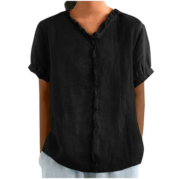 TKLPEHG V-Neck Cotton Linen Shirt Classic Solid Color Casual Loose Comfy Fashion Short Sleeve T Shirts Lightweight Blouses (Black,S)
