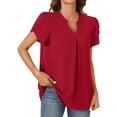 thumbnail image 1 of TKLPEHG V-Neck Pleated Elegant Shirt Loose Lightweight Comfy Short Sleeve T Shirts Fashion Classic Solid Color Casual Blouses (Red,S), 1 of 4