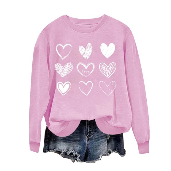 TKLPEHG Valentines Day Long Sleeve Tops for Women Heart Printed Crewneck Sweatshirt Pullover Casual Loose Spring Tops for Women (Pink,S)