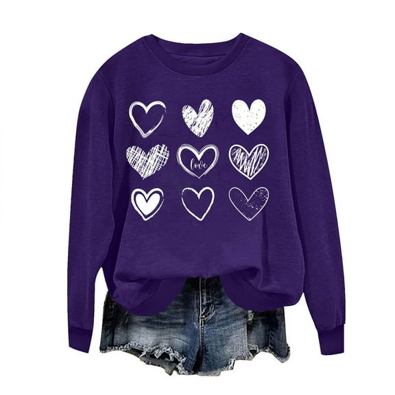 TKLPEHG Valentines Day Long Sleeve Tops for Women Heart Printed Crewneck Sweatshirt Pullover Casual Loose Spring Tops for Women (Purple,XL)
