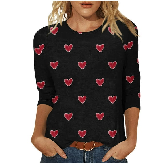 TKLPEHG Valentines Day Shirts for Women 2025 Trendy Cute Heart Print 3/4 Length Sleeve Valentines Shirts Round Neck Casual Tunic Tops Blouses (Z01_Black,XXXXXL)