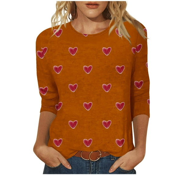 TKLPEHG Valentines Day Shirts for Women 2025 Trendy Cute Heart Print 3/4 Length Sleeve Valentines Shirts Round Neck Casual Tunic Tops Blouses (Z01_Orange,M)