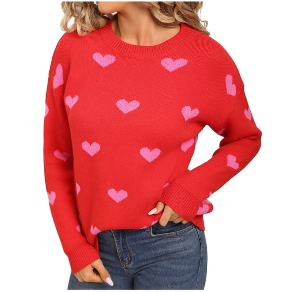TKLPEHG Valentines Day Sweaters for Women Cute Heart Sweaters Knitted Crewneck Pullover Loose Long Sleeve Trendy Casual Fall Winter Tops (Red,S)