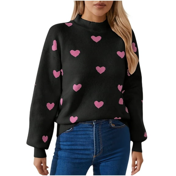 TKLPEHG Valentines Day Sweaters for Women Long Sleeve Crewneck Heart Graphic Sweater Casual Comfy Pullover (Black,M)