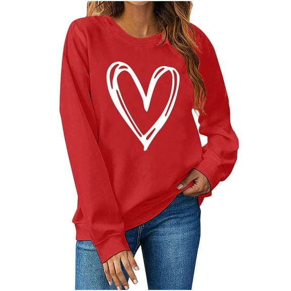 TKLPEHG Valentines Day Sweatshirt for Women Funny Heart Print Shirts Casual Crewneck Valentines Pullover Long Sleeve Tops (Red,M)