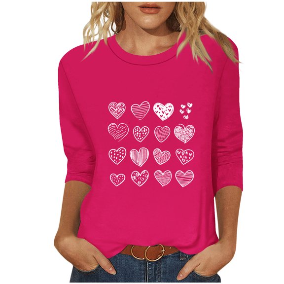 TKLPEHG Valentines Day Tops For Women Crewneck Tshirt Loose Lightweight Long Sleeve Tshirt Heart Print Graphic Tee Casual Dressy Blouses (Hot Pink,XXXL)