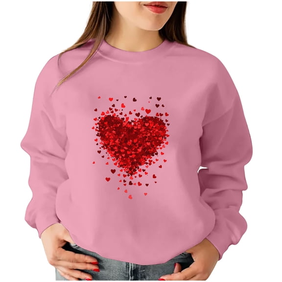 TKLPEHG Valentines Day Tshirt For Women Crewneck Long Sleeve Tshirt Casual Dressy Lightweight Heart Print Graphic Tee Loose Blouses (Pink,S)