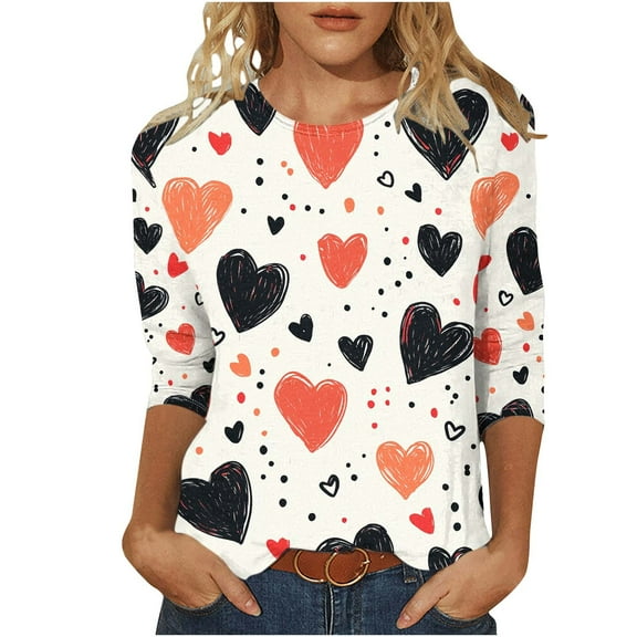 TKLPEHG Valentines Day Tshirt For Women Crewneck Loose Casual Dressy 3/4 Sleeve Tshirt Lightweight Heart Print Graphic Tee Blouses (Pink,M)