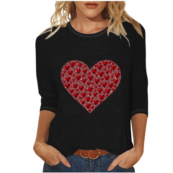 TKLPEHG Valentines Day Tshirt For Women Lightweight Long Sleeve Tshirt Heart Print Graphic Tee Loose Casual Dressy Crewneck Blouse (Black,XXXL)