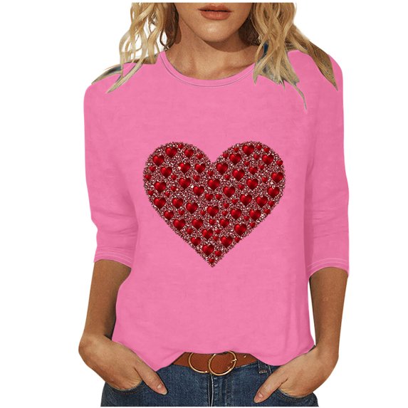 TKLPEHG Valentines Day Tshirt For Women Lightweight Long Sleeve Tshirt Heart Print Graphic Tee Loose Casual Dressy Crewneck Blouse (Pink,XXXL)