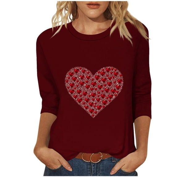 TKLPEHG Valentines Day Tshirt For Women Lightweight Long Sleeve Tshirt Heart Print Graphic Tee Loose Casual Dressy Crewneck Blouse (Wine,XL)