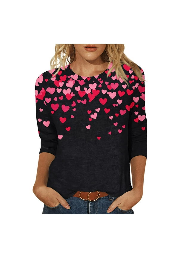 Valentines Day Women 3/4 Sleeve Shirts Heart Graphic Valentine Pullover Tops Casual Valentines Gifts ( Z02_Pink,XXL)