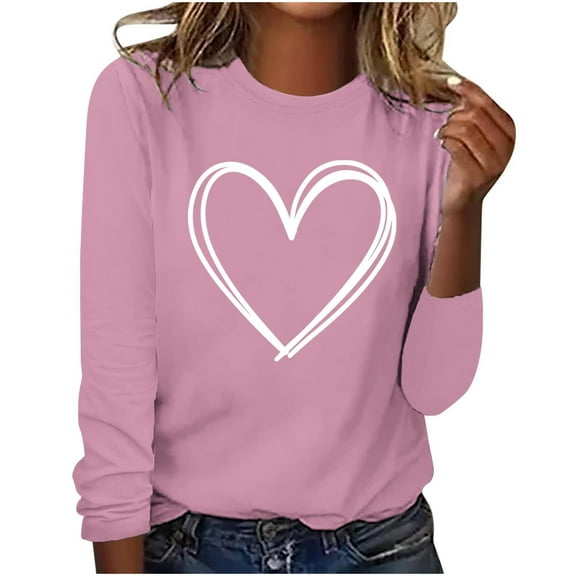 TKLPEHG Valentines Day Womens Long Sleeve Tops Crewneck Heart Graphic Tee Valentines Day Gifts Comfy Pullover (Pink,L)