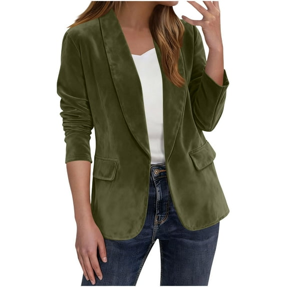 TKLPEHG Velvet Blazer Jackets for Women Long Sleeve Vintage Suits Jackets Office Work Open Front Cardigan Blazer Coats (Army Green,M)
