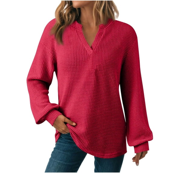 TKLPEHG Waffle Knit Tops For Women Fall Fashion V Neck Casual Tops Solid Color Comfy Ladies Lightweight Pullover (Red,S)