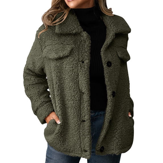 TKLPEHG Warm Coats for Women Casual Fleece Coat Long Sleeve Button Lapel Warm Fleece Jackets Outwear (Army Green,XL)