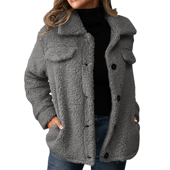 TKLPEHG Warm Coats for Women Casual Fleece Coat Long Sleeve Button Lapel Warm Fleece Jackets Outwear (Dark Gray,L)