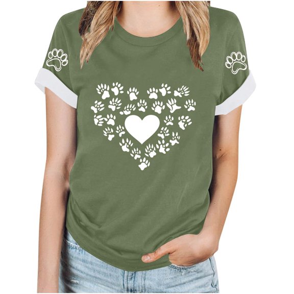 TKLPEHG Western Tops For Women Short Sleeve T Shirts Crew Neck Fashion Casual Loose Dog Paw Print Graphic Tee Summer Comfy Outfits (Army Green,L)