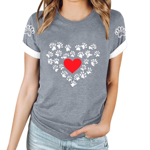 TKLPEHG Western Tops For Women Short Sleeve T Shirts Crew Neck Fashion Casual Loose Dog Paw Print Graphic Tee Summer Comfy Outfits (Gray,M)
