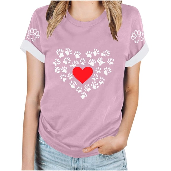 TKLPEHG Western Tops For Women Short Sleeve T Shirts Crew Neck Fashion Casual Loose Dog Paw Print Graphic Tee Summer Comfy Outfits (Pink,XXL)