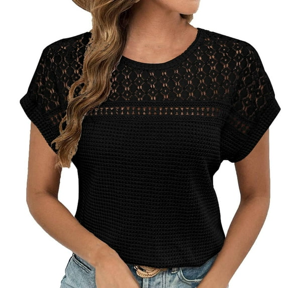 TKLPEHG Western Tops For Women Short Sleeve T Shirts Crew Neck Hollow Lace Splicing Elegant Shirts Solid Color Graphic Tee Summer Comfy Fashion Loose Casual Blouses (Black,XL)
