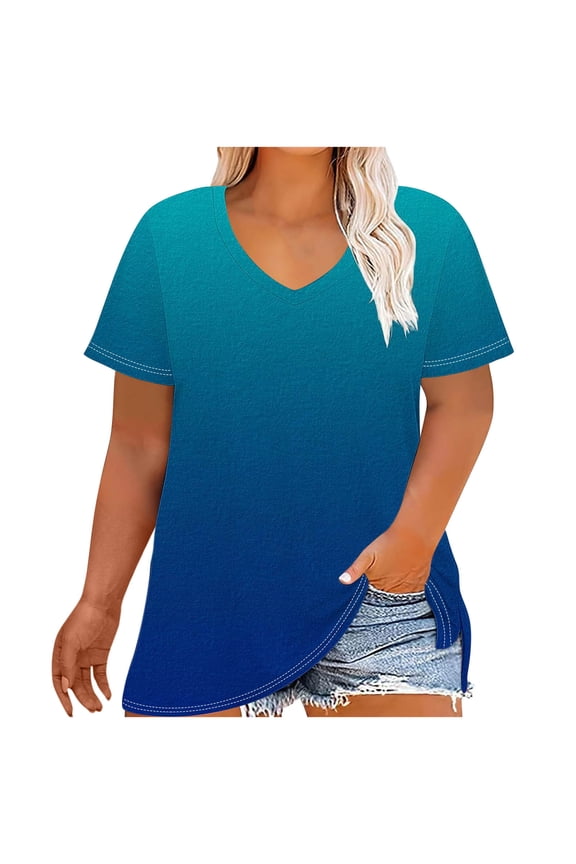 Western Tops For Women Short Sleeve T Shirts Plus-Size V-Neck Tunic Tops Fashion Comfy Casual Loose Summer Gradient Color Graphic Tee Outfits (Black,XXXL)