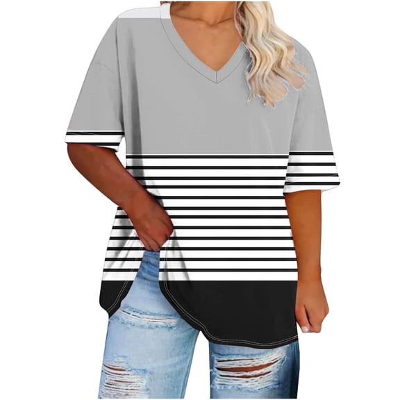 TKLPEHG Western Tops For Women Short Sleeve T Shirts Plus Size V-Neck Tunic Tops Fashion Summer Casual Loose Color Block Stripe Patchwork Graphic Tee Comfy Blouses (Gray,XXXXL)