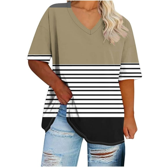 TKLPEHG Western Tops For Women Short Sleeve T Shirts Plus Size V-Neck Tunic Tops Fashion Summer Casual Loose Color Block Stripe Patchwork Graphic Tee Comfy Blouses (Khaki,XXXXXL)
