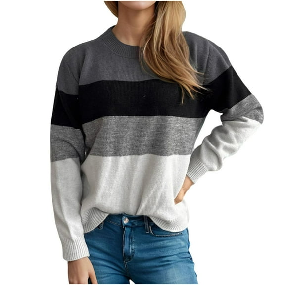TKLPEHG Western Tops for Women Crew Neck Tops Casual Comfy Lightweight Classic Color Block Patchwork Loose Fashion Long Sleeve Pullover (Black,M)