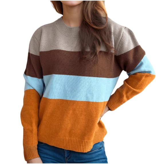 TKLPEHG Western Tops for Women Crew Neck Tops Casual Comfy Lightweight Classic Color Block Patchwork Loose Fashion Long Sleeve Pullover (Orange,L)