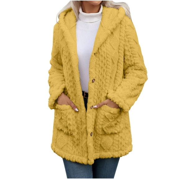 TKLPEHG Winter Coats for Women Fleece Jacket Warm Hooded Outerwear Button Front Long Sleeve Casual Jacket with Pocket (Yellow,S)