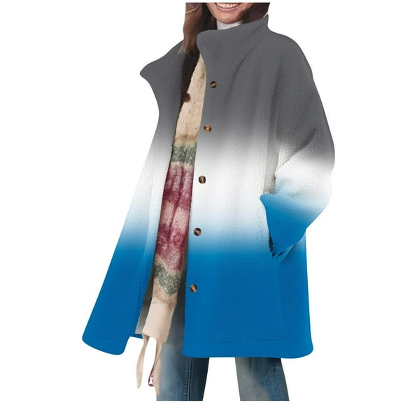 TKLPEHG Winter Coats for Women Oversized Fleece Jackets Long Sleeve Button Fleece Lined Jackets Coats with Pockets Warm Outerwear (Navy,L)