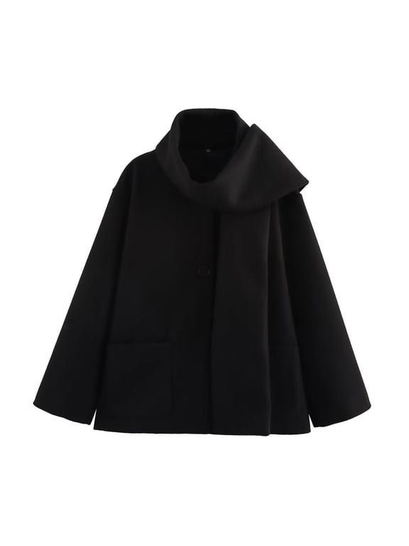 Winter Coats for Women Scarf Peacoat Crew Neck Long Sleeve Jacket Business Casual Coat Button Scarf Coats (Black,L)