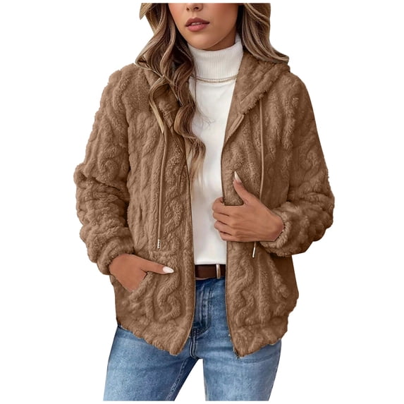 TKLPEHG Winter Coats for Women Solid Color Zip Up Fleece Jacket Casual Long Sleeve Hooded Warm Coats Overcoat (Khaki,XL)
